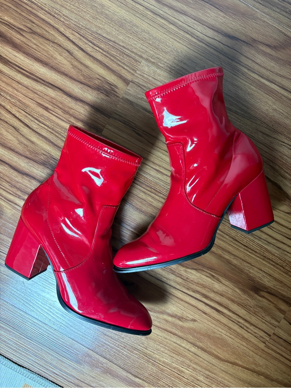 Intentionally Blank Red Patent Block Heel Ankle Boots